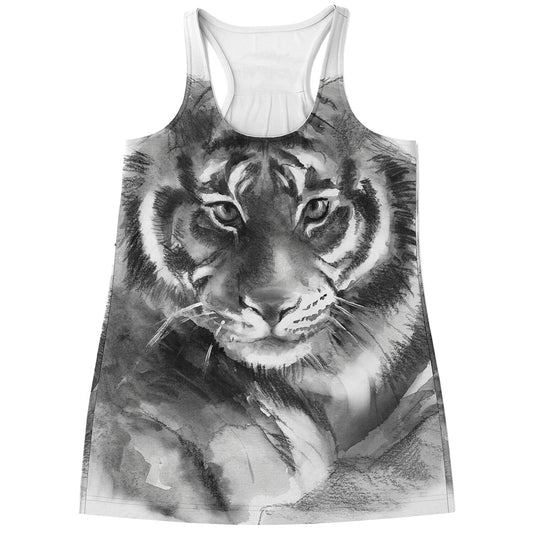 Monochrome Watercolor White Tiger Print Women's Racerback Tank Top