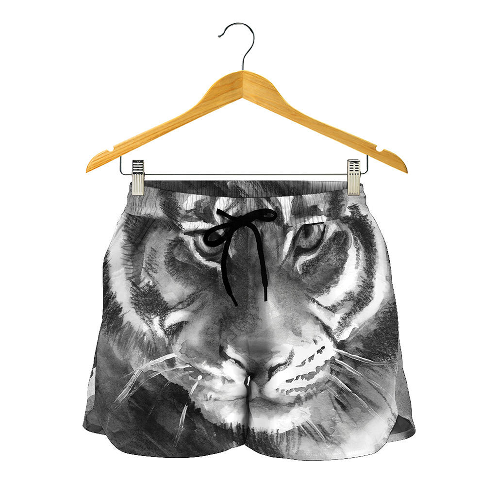 Monochrome Watercolor White Tiger Print Women's Shorts
