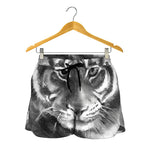 Monochrome Watercolor White Tiger Print Women's Shorts