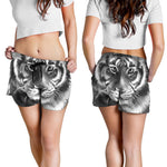 Monochrome Watercolor White Tiger Print Women's Shorts
