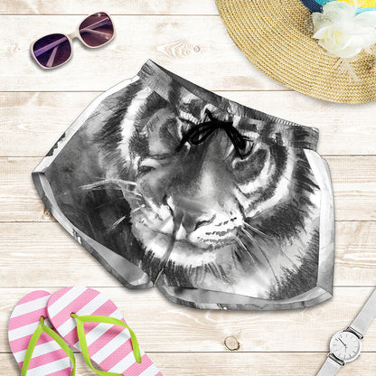 Monochrome Watercolor White Tiger Print Women's Shorts