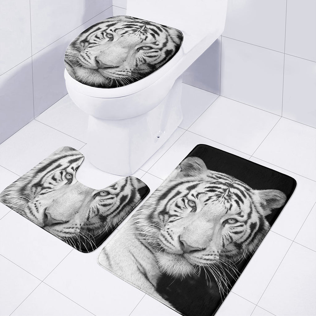 Monochrome White Bengal Tiger Print 3 Piece Bath Mat Set