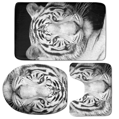 Monochrome White Bengal Tiger Print 3 Piece Bath Mat Set