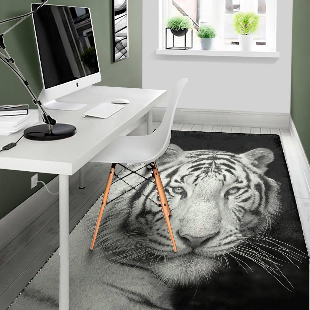 Monochrome White Bengal Tiger Print Area Rug