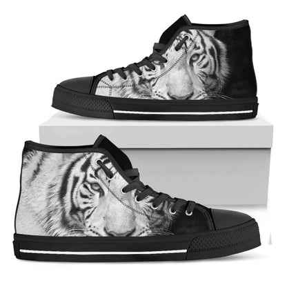Monochrome White Bengal Tiger Print Black High Top Shoes
