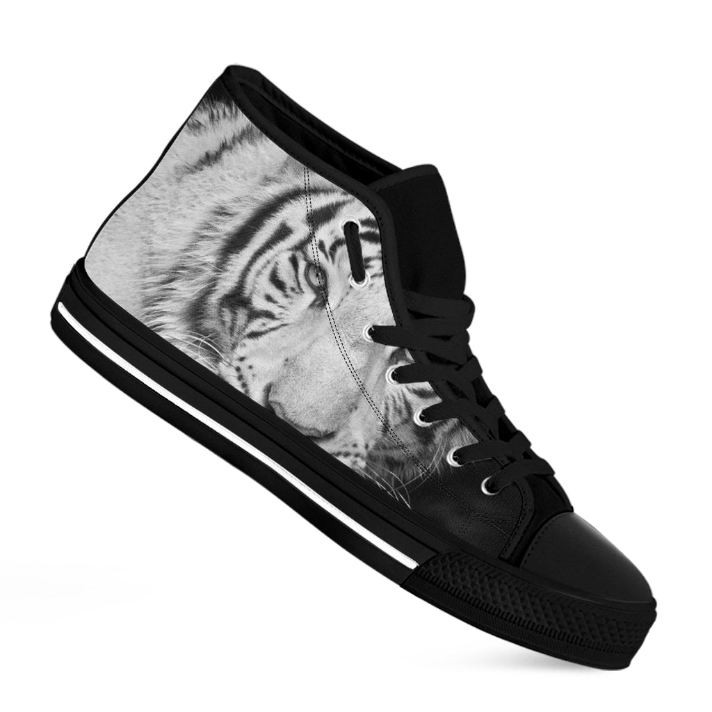 Monochrome White Bengal Tiger Print Black High Top Shoes