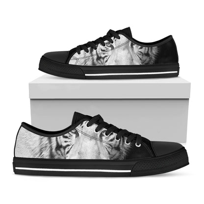 Monochrome White Bengal Tiger Print Black Low Top Shoes 