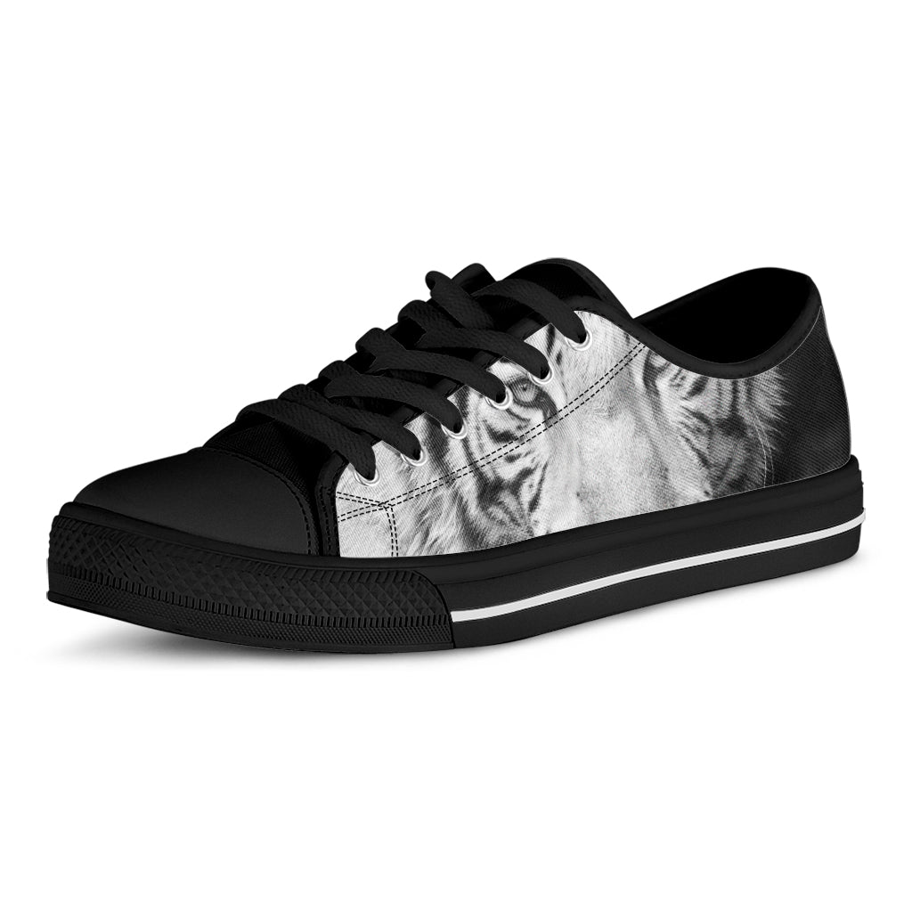 Monochrome White Bengal Tiger Print Black Low Top Shoes 