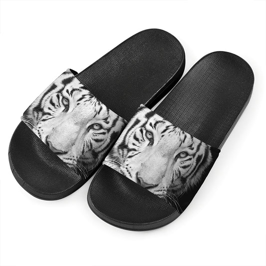Monochrome White Bengal Tiger Print Black Slide Sandals