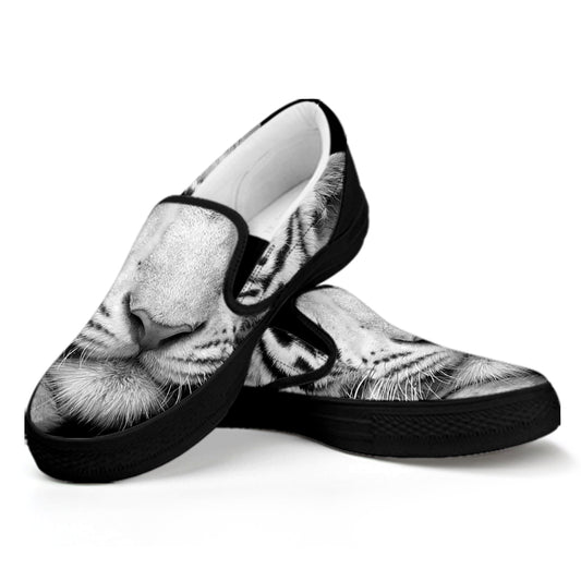 Monochrome White Bengal Tiger Print Black Slip On Shoes