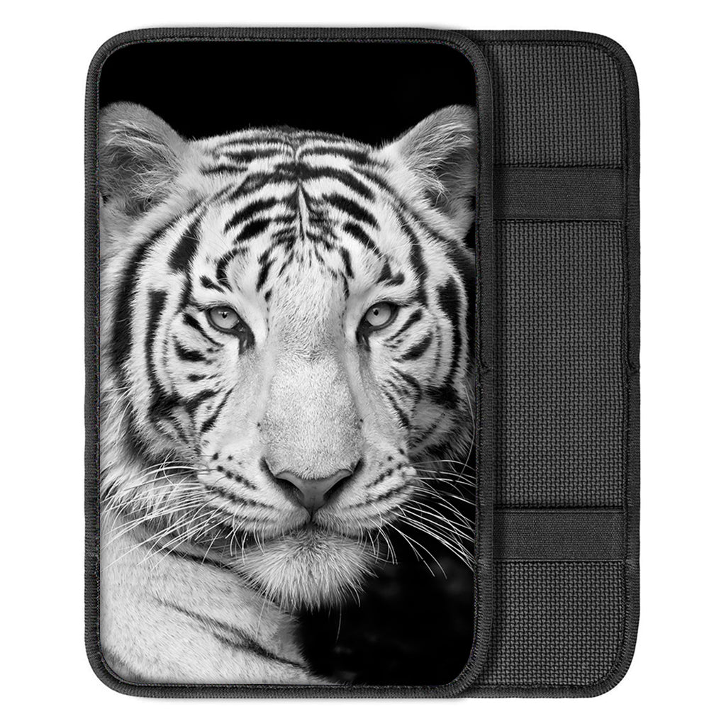 Monochrome White Bengal Tiger Print Car Center Console Cover