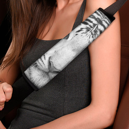 Monochrome White Bengal Tiger Print Car Seat Belt Covers