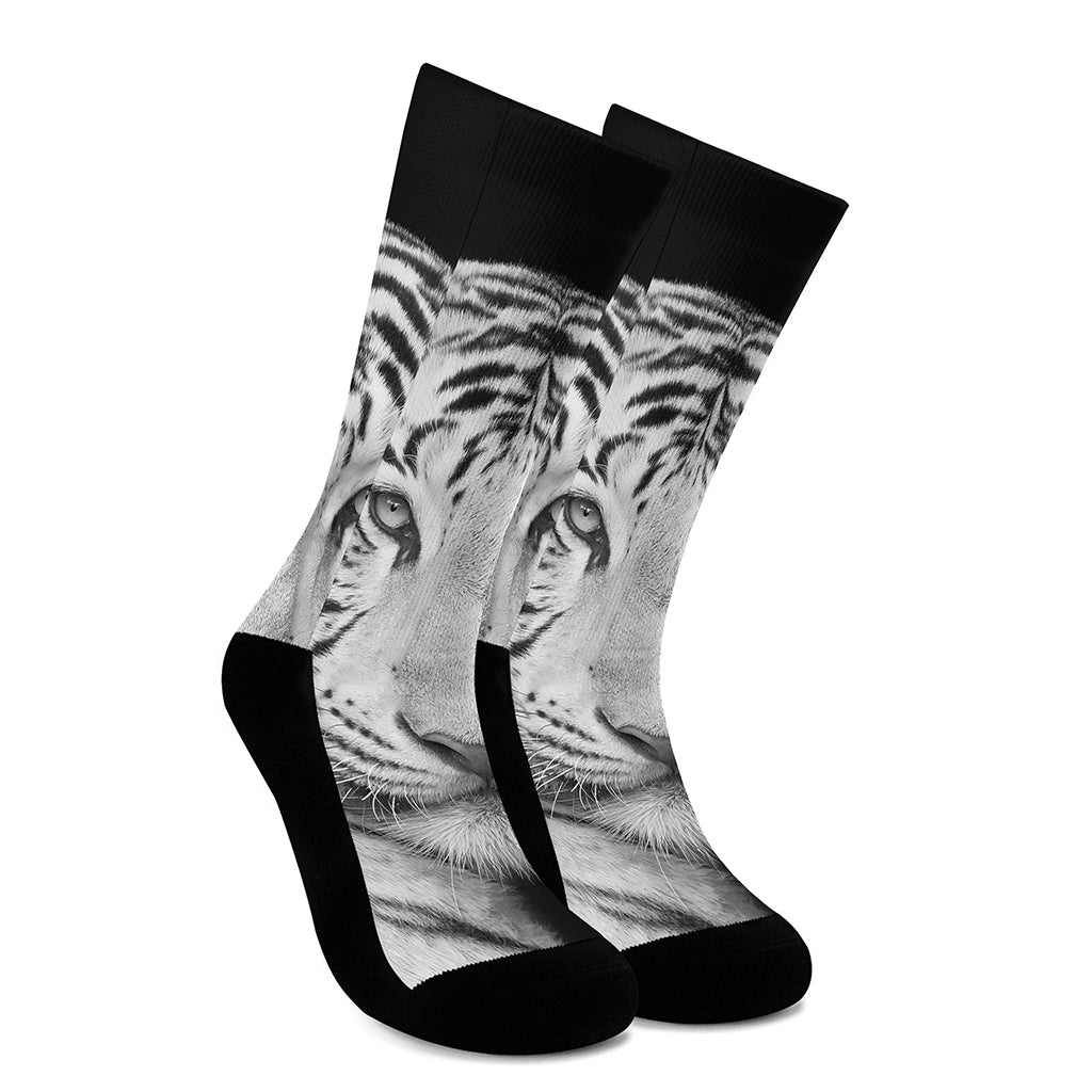 Monochrome White Bengal Tiger Print Crew Socks