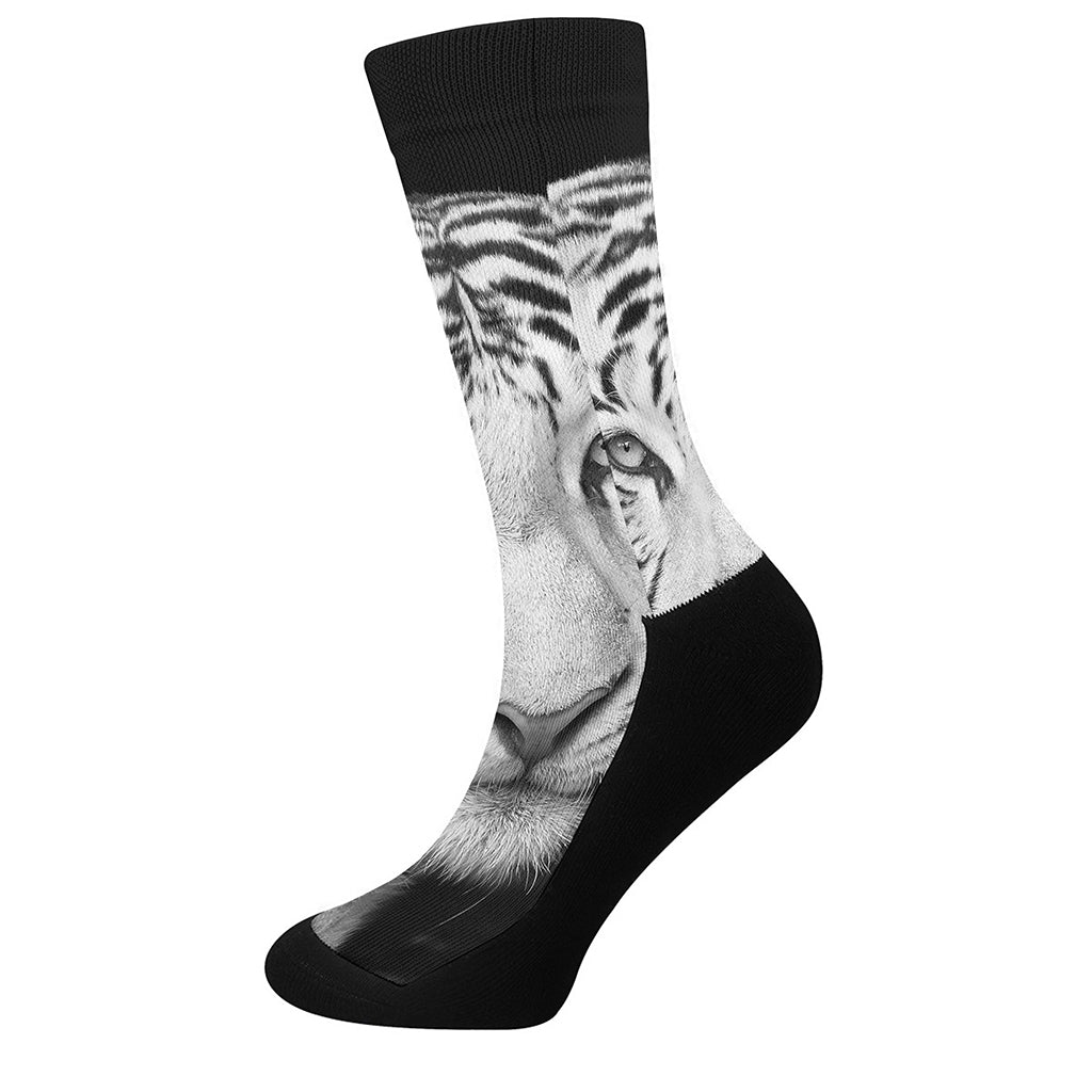 Monochrome White Bengal Tiger Print Crew Socks