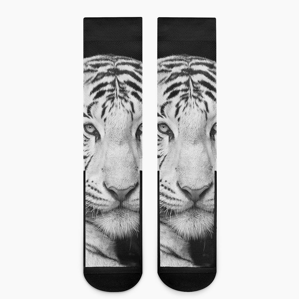 Monochrome White Bengal Tiger Print Crew Socks