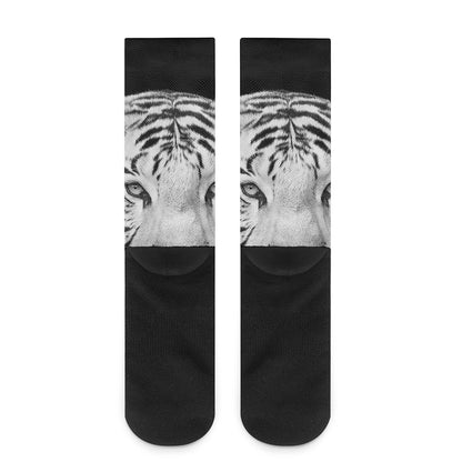 Monochrome White Bengal Tiger Print Crew Socks