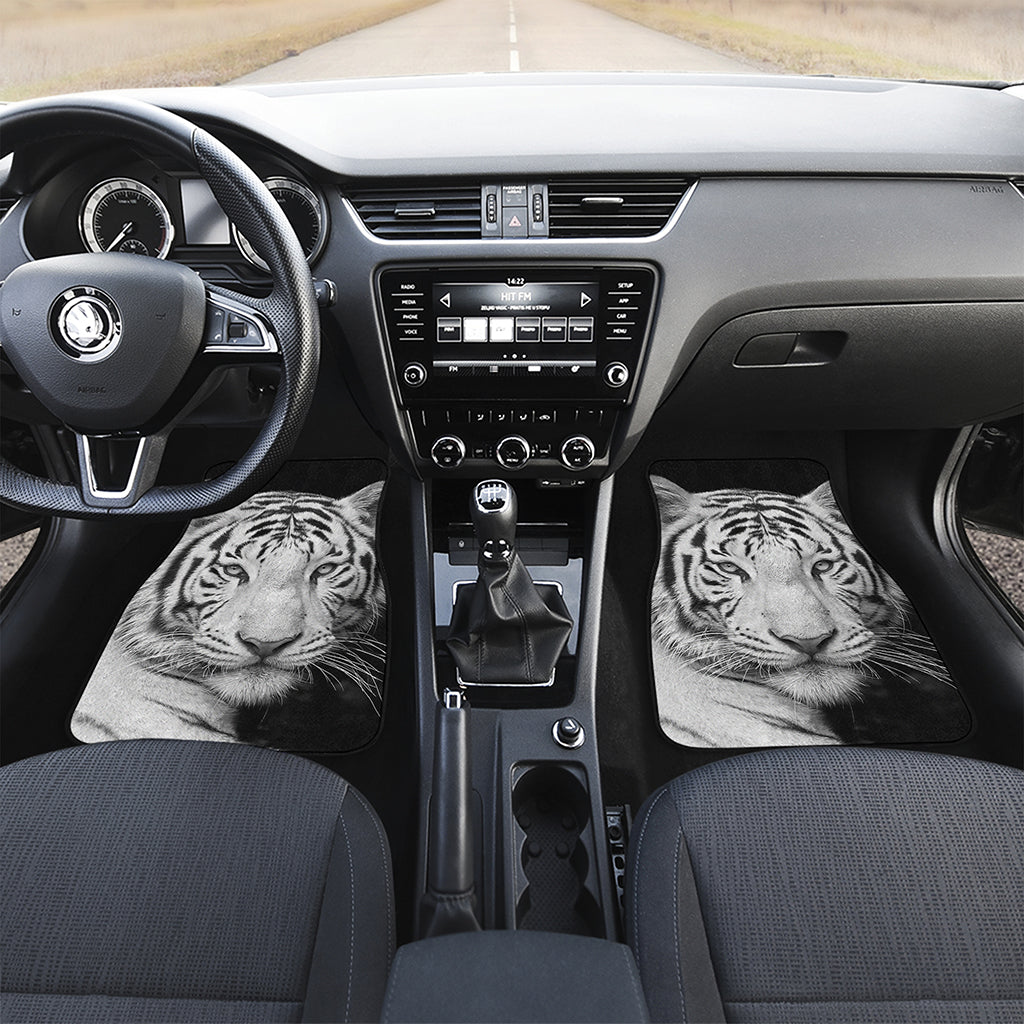 Monochrome White Bengal Tiger Print Front and Back Car Floor Mats