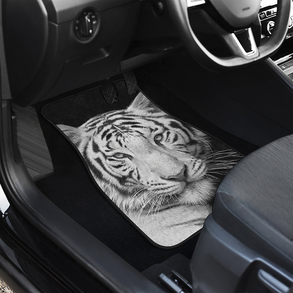 Monochrome White Bengal Tiger Print Front and Back Car Floor Mats