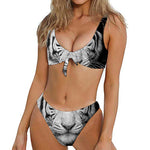 Monochrome White Bengal Tiger Print Front Bow Tie Bikini