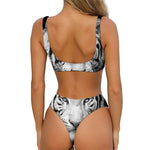 Monochrome White Bengal Tiger Print Front Bow Tie Bikini