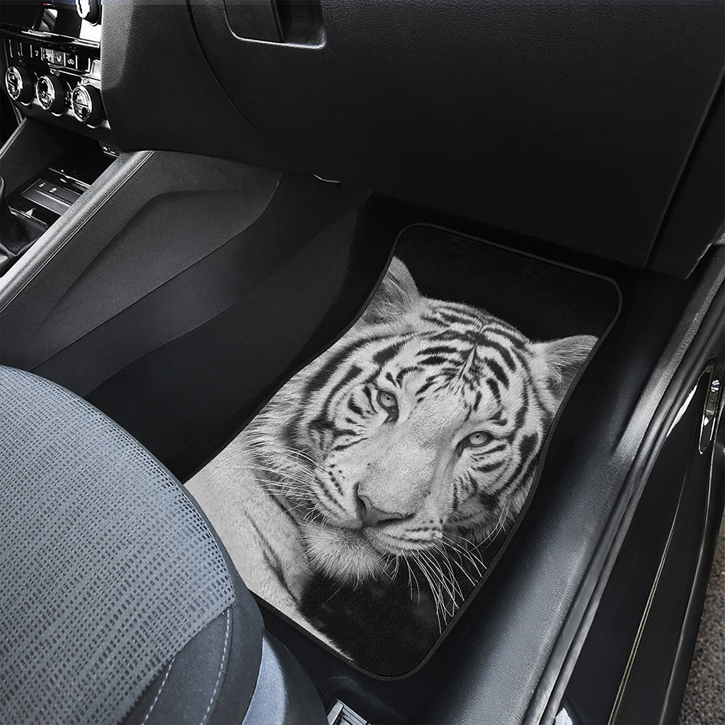 Monochrome White Bengal Tiger Print Front Car Floor Mats