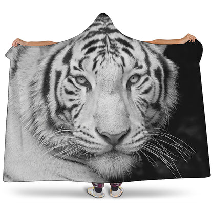 Monochrome White Bengal Tiger Print Hooded Blanket