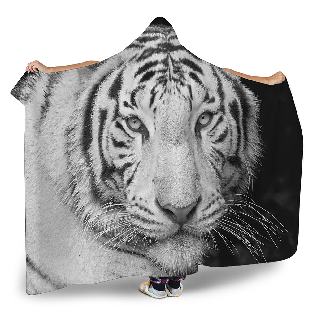 Monochrome White Bengal Tiger Print Hooded Blanket