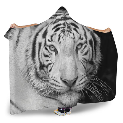 Monochrome White Bengal Tiger Print Hooded Blanket