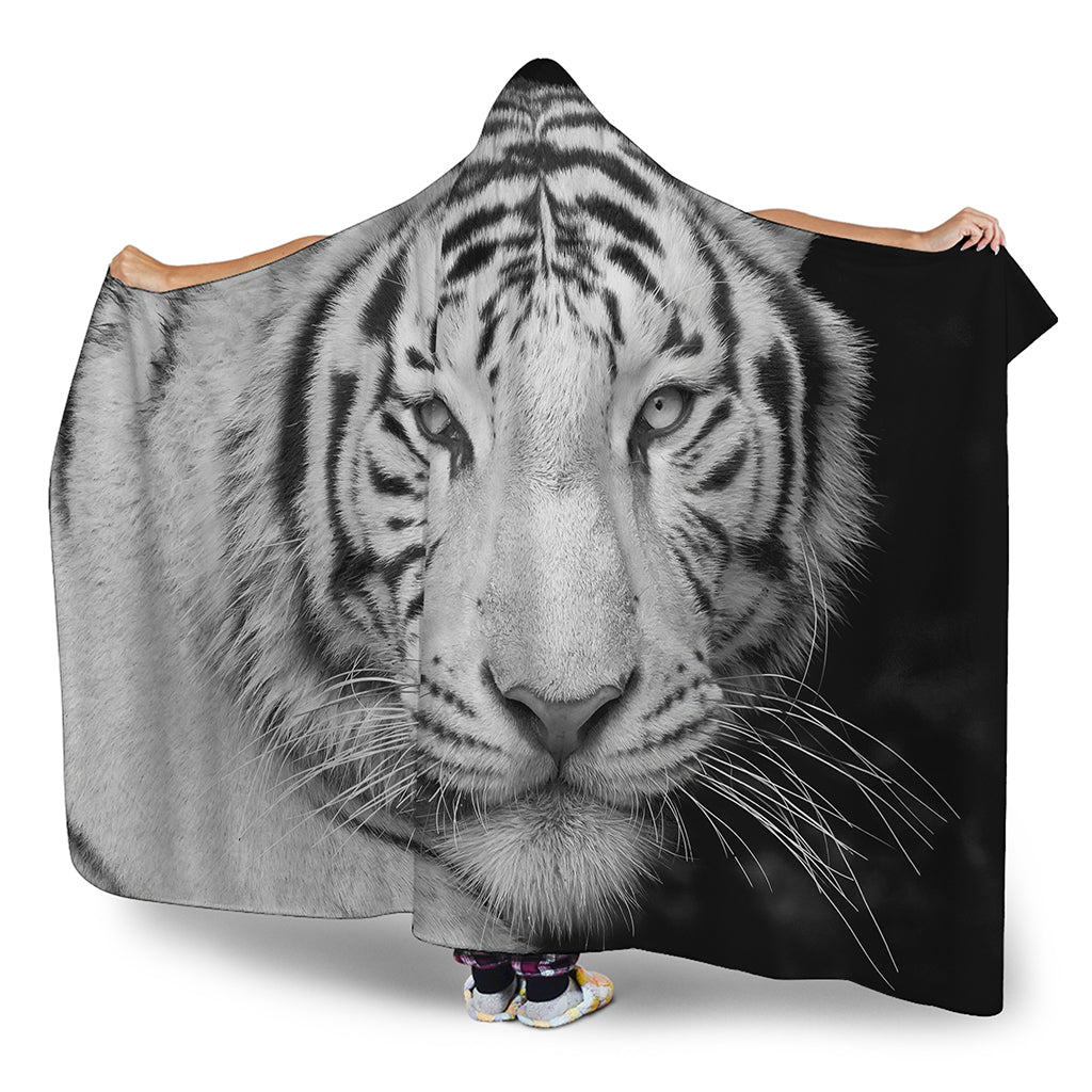Monochrome White Bengal Tiger Print Hooded Blanket