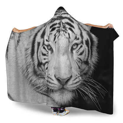 Monochrome White Bengal Tiger Print Hooded Blanket