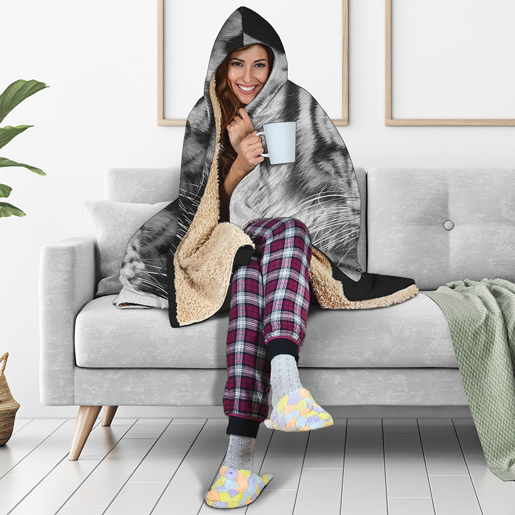 Monochrome White Bengal Tiger Print Hooded Blanket