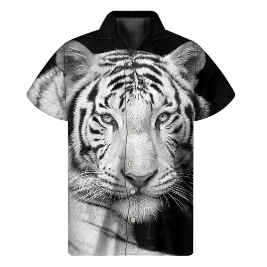 Monochrome White Bengal Tiger Print Men's Short Sleeve Shirt