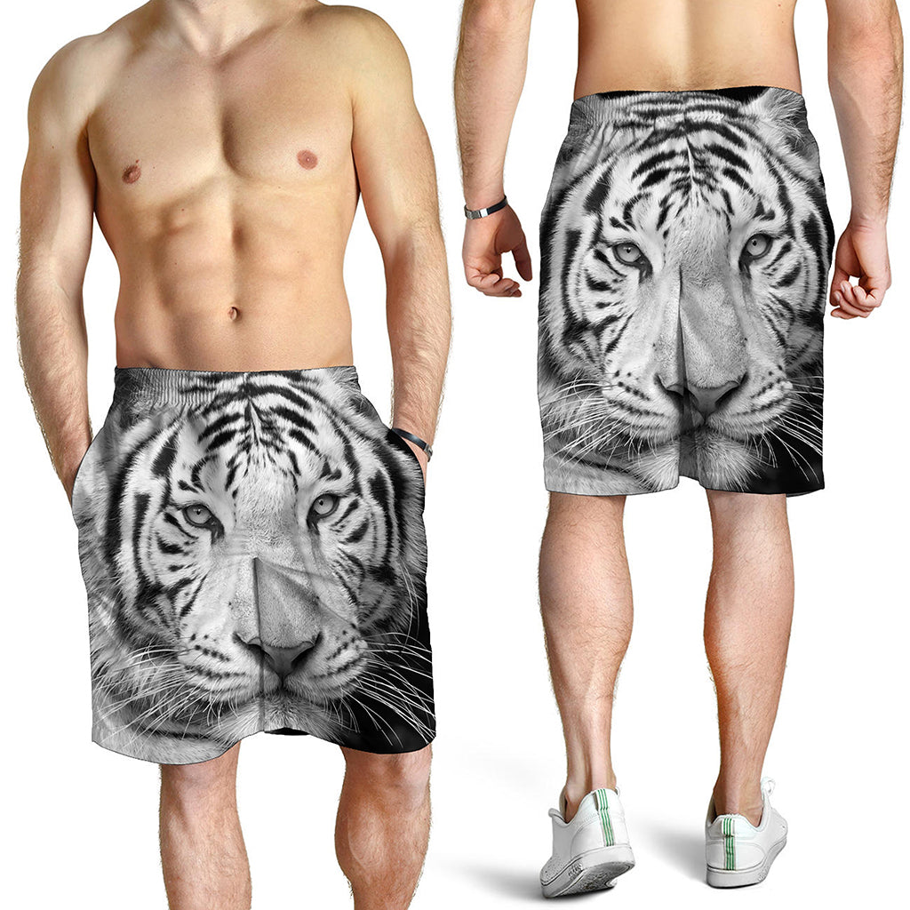 Monochrome White Bengal Tiger Print Men's Shorts