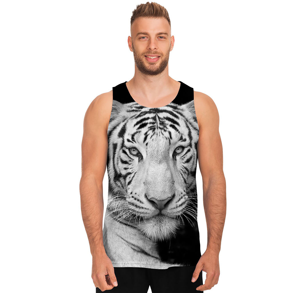 Monochrome White Bengal Tiger Print Men's Tank Top