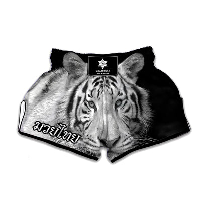 Monochrome White Bengal Tiger Print Muay Thai Boxing Shorts