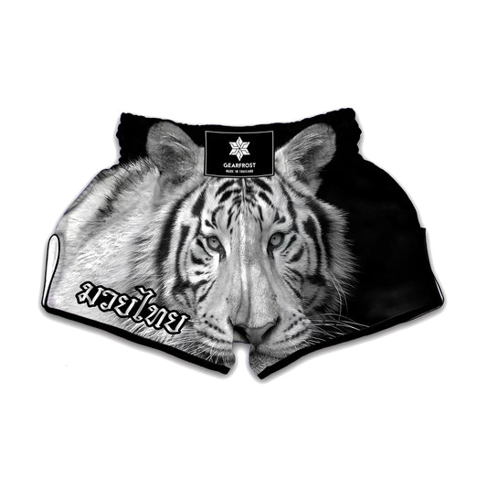 Monochrome White Bengal Tiger Print Muay Thai Boxing Shorts