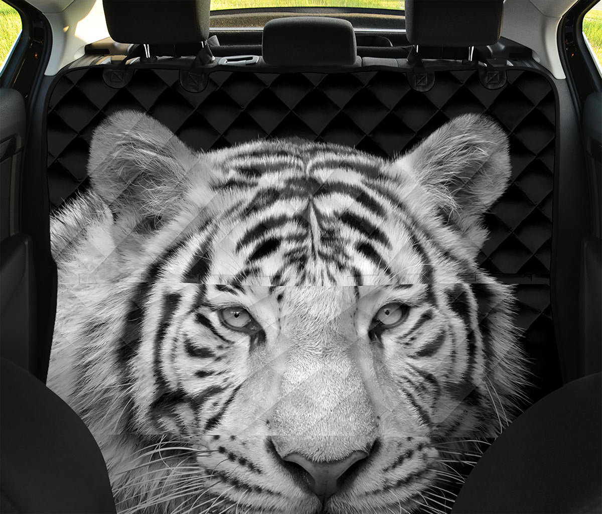 Monochrome White Bengal Tiger Print Pet Car Back Seat Cover