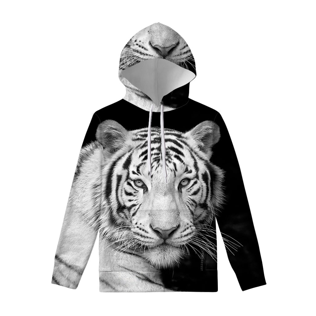 Monochrome White Bengal Tiger Print Pullover Hoodie
