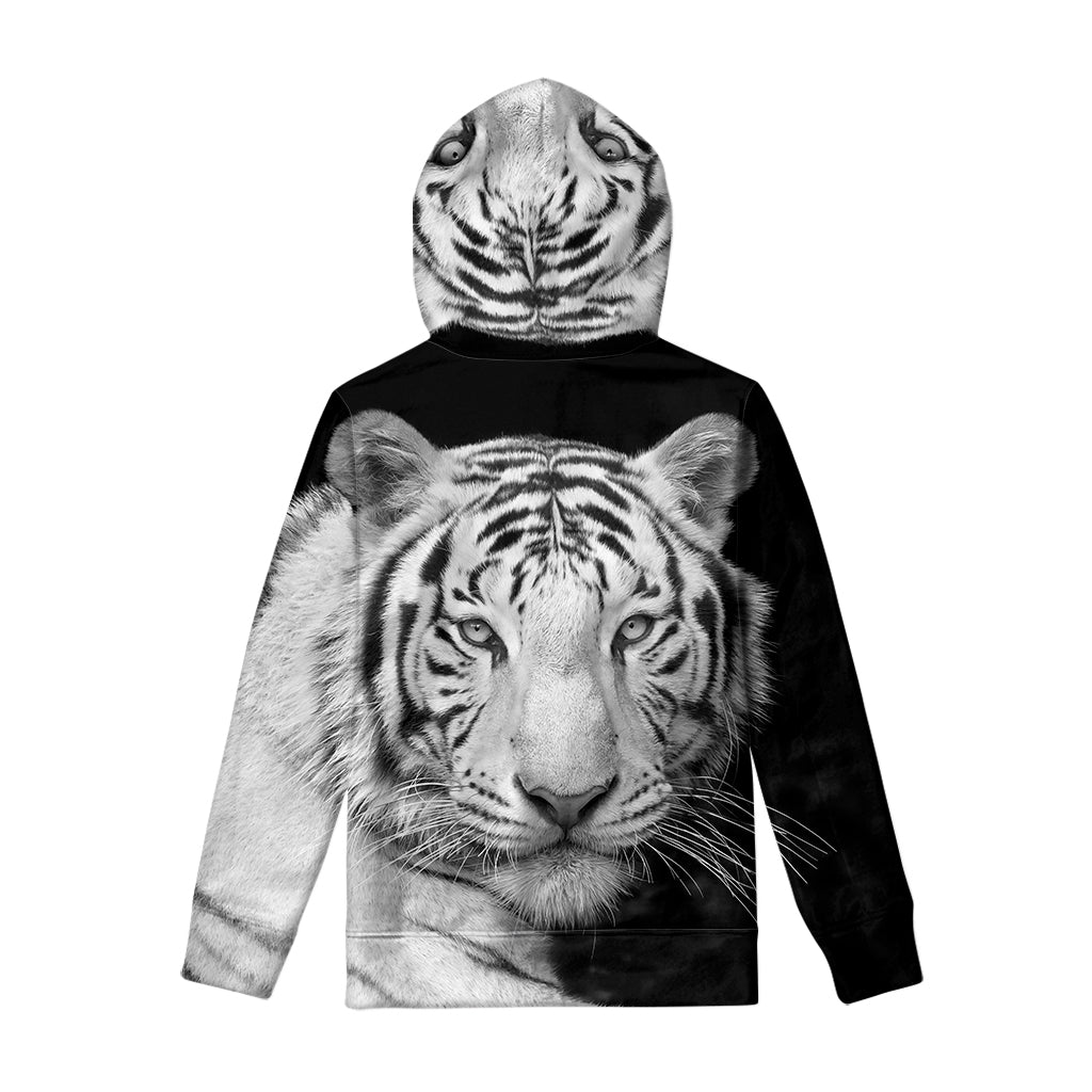 Monochrome White Bengal Tiger Print Pullover Hoodie