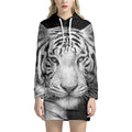 Monochrome White Bengal Tiger Print Pullover Hoodie Dress