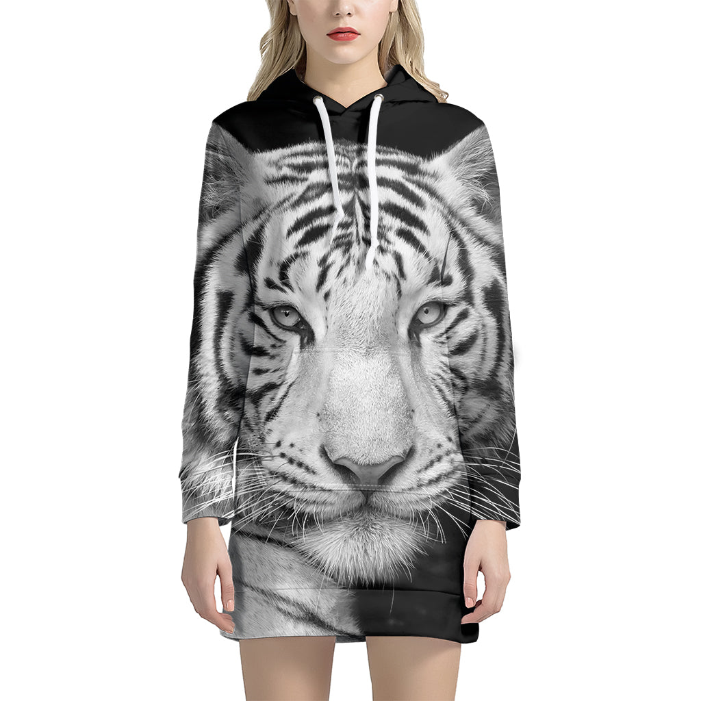 Monochrome White Bengal Tiger Print Pullover Hoodie Dress