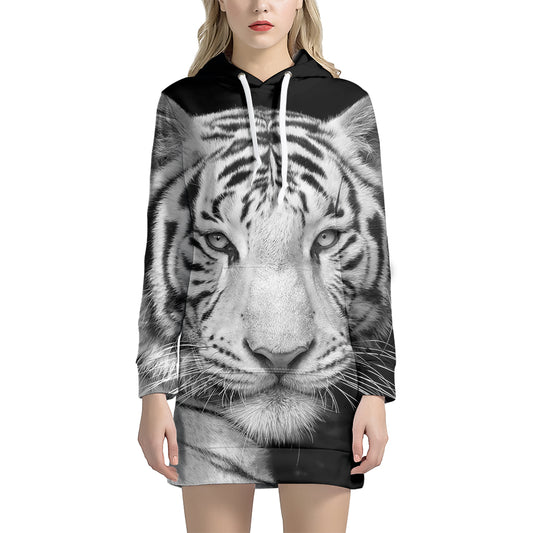 Monochrome White Bengal Tiger Print Pullover Hoodie Dress