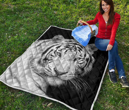 Monochrome White Bengal Tiger Print Quilt