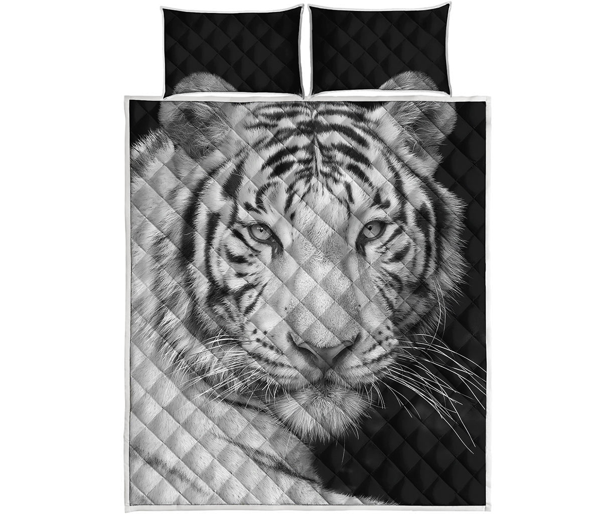 Monochrome White Bengal Tiger Print Quilt Bed Set