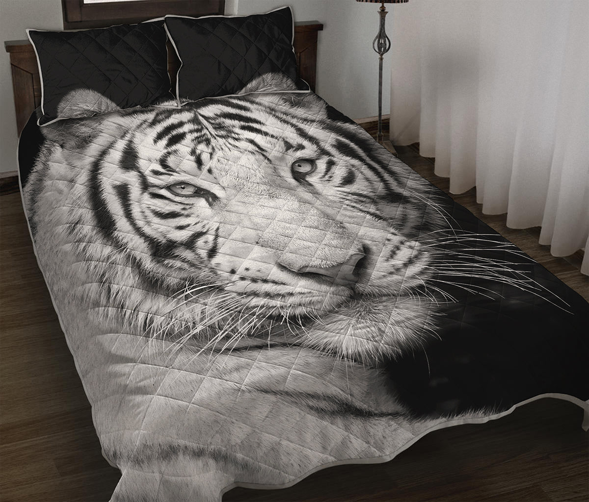 Monochrome White Bengal Tiger Print Quilt Bed Set