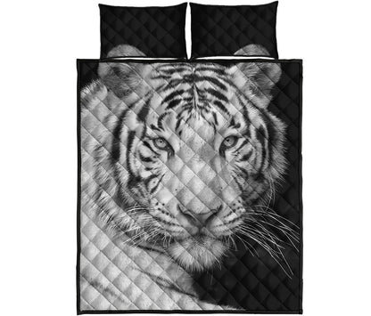Monochrome White Bengal Tiger Print Quilt Bed Set