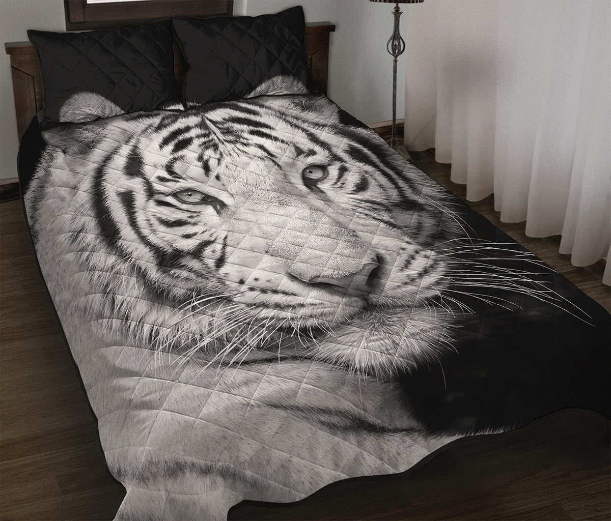Monochrome White Bengal Tiger Print Quilt Bed Set