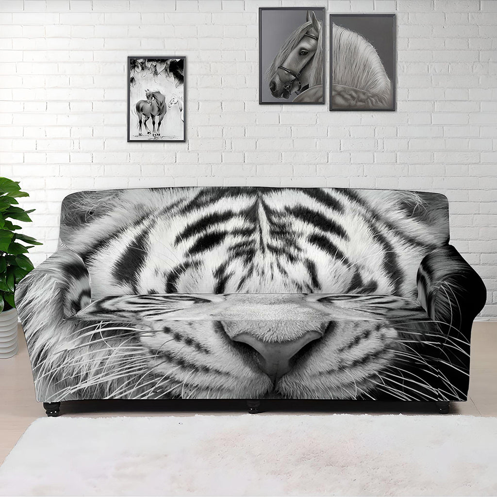 Monochrome White Bengal Tiger Print Sofa Cover