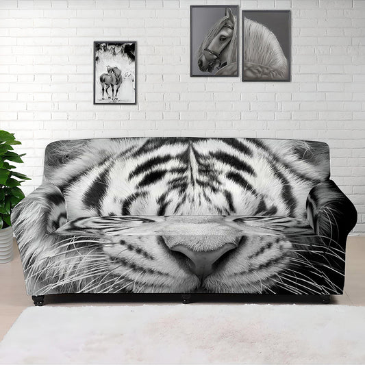 Monochrome White Bengal Tiger Print Sofa Cover
