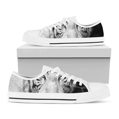Monochrome White Bengal Tiger Print White Low Top Shoes